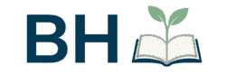 Transparent background logo for Brian Hogsett, Learning and Development Leader, with BH initials, open book, and sprouting seedling