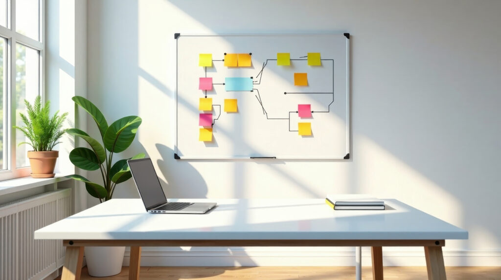 Instructional design planning on whiteboard with sticky notes and laptop in modern office.