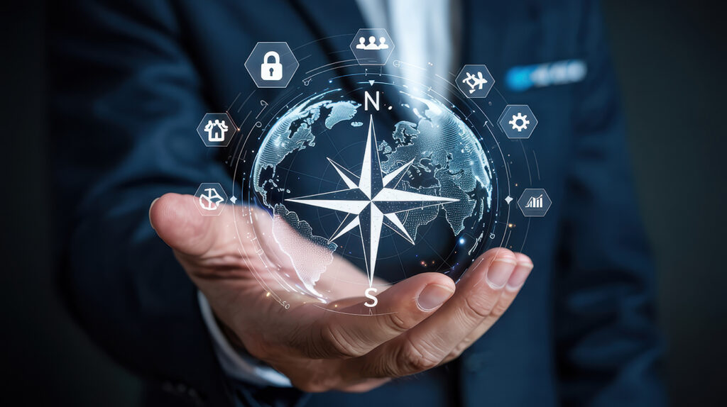 Business leader holding a digital compass symbolizing guidance, vision, and direction in leadership development.
