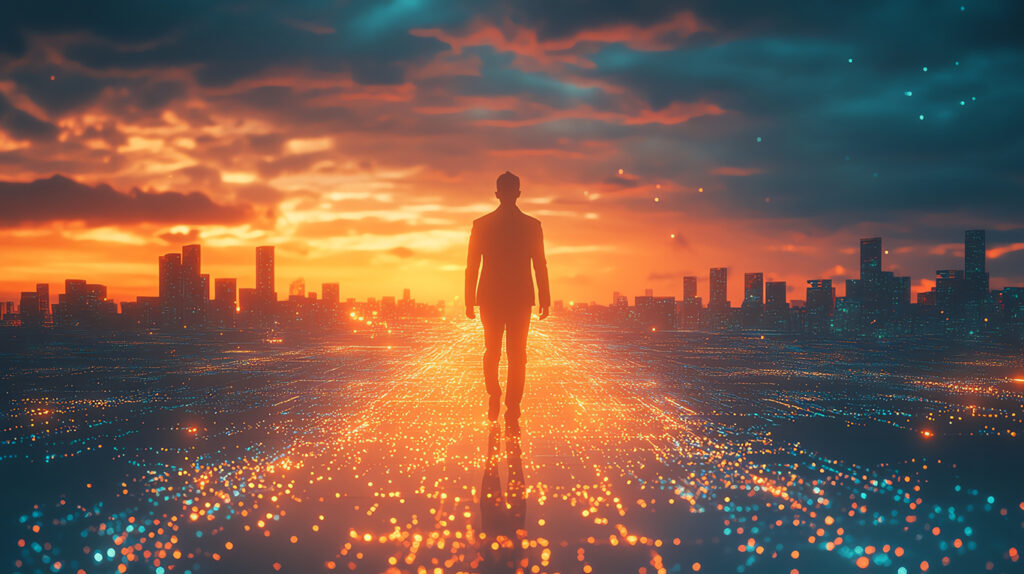 Business professional walking on a glowing digital path toward a city skyline at sunrise, symbolizing vision, growth, and talent development strategy.